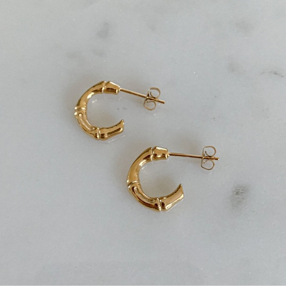 Bamboo earrings, gold bamboo hoops, mini hoops earrings, bamboo joint earrings - Picture 2 of 5